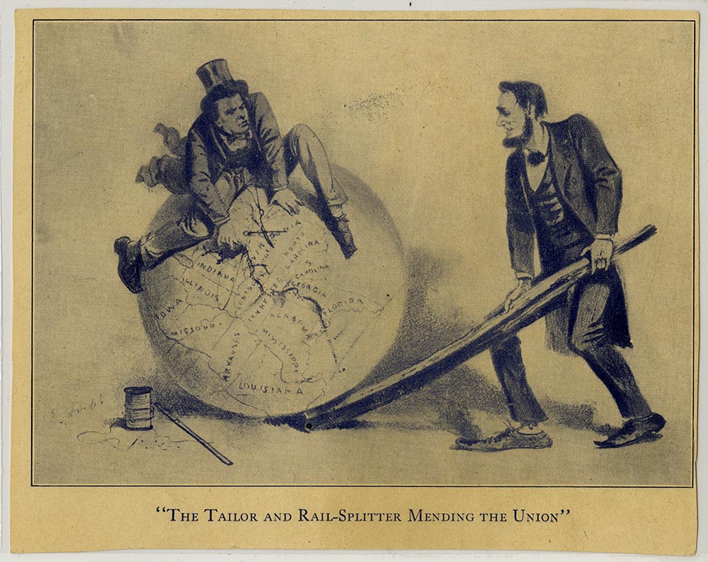 Political cartoon depicting Andrew Johnson (left) and Abraham Lincoln (right)