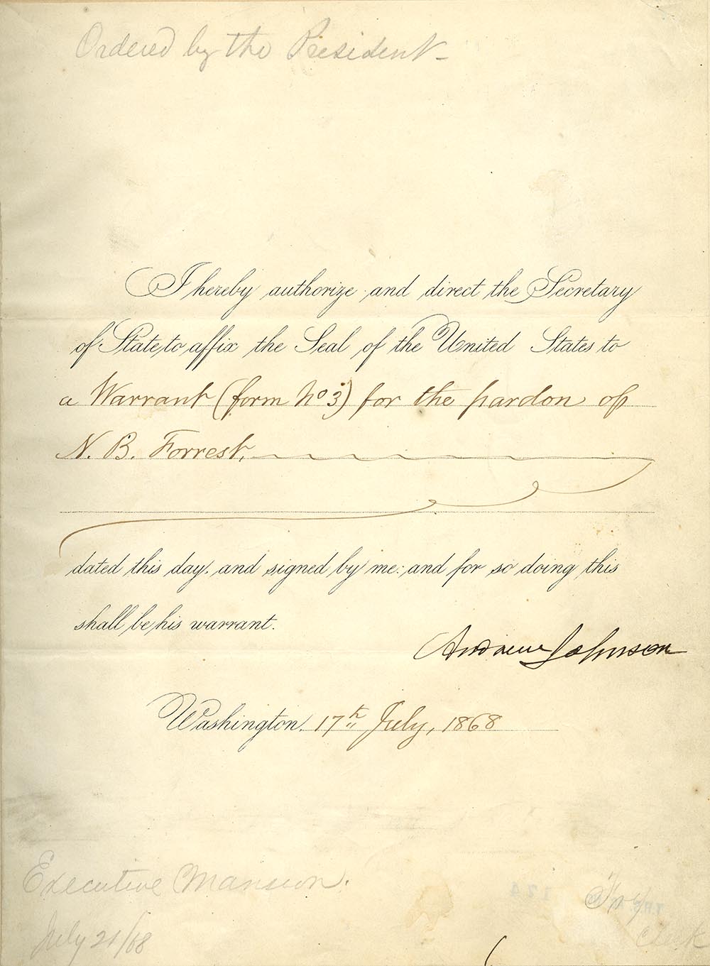 President Andrew Johnson's official pardon for Lieutenant General Nathan Bedford Forrest