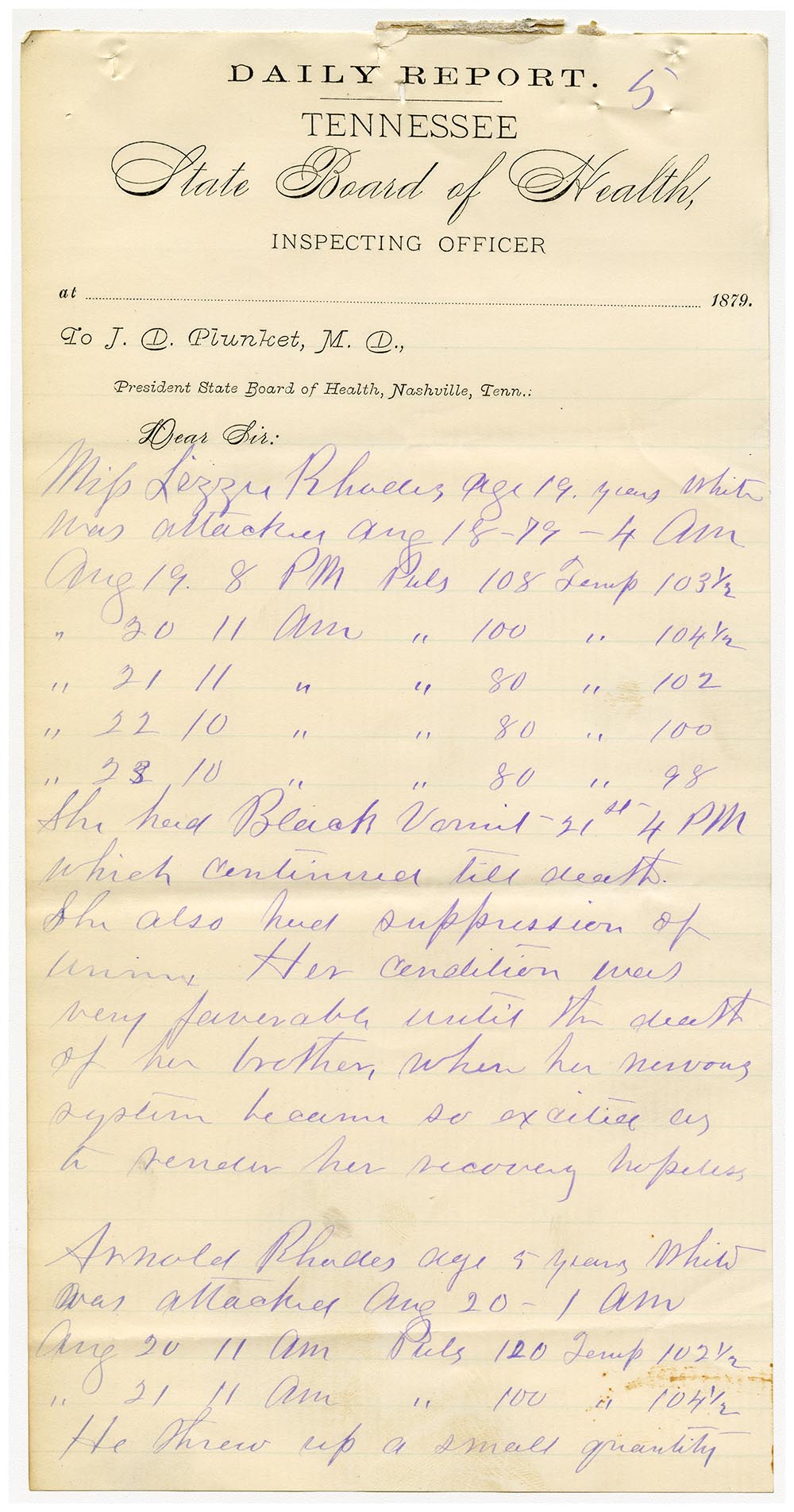 Daily report on the progress of yellow fever in Lizzie Rhodes, age 19, and Arnold Rhodes, age 5