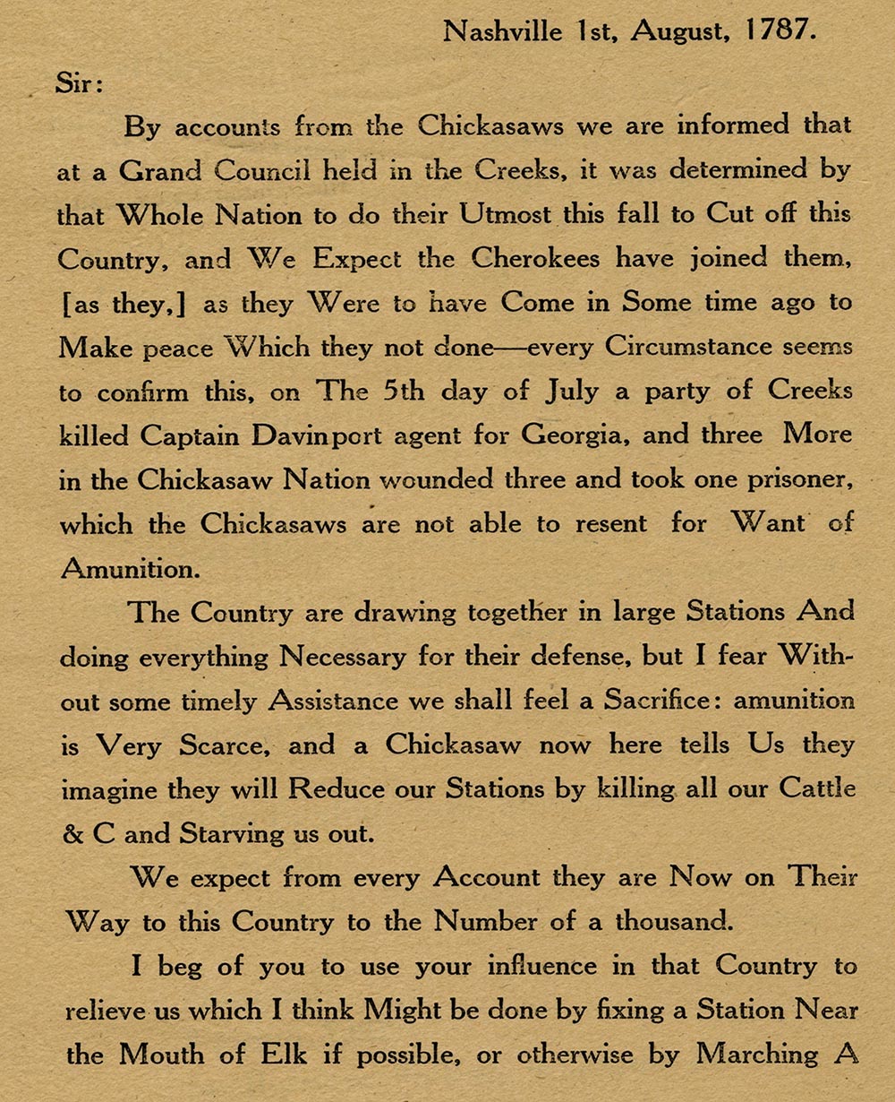 James Robertson letter to Governor John Sevier of State of Franklin