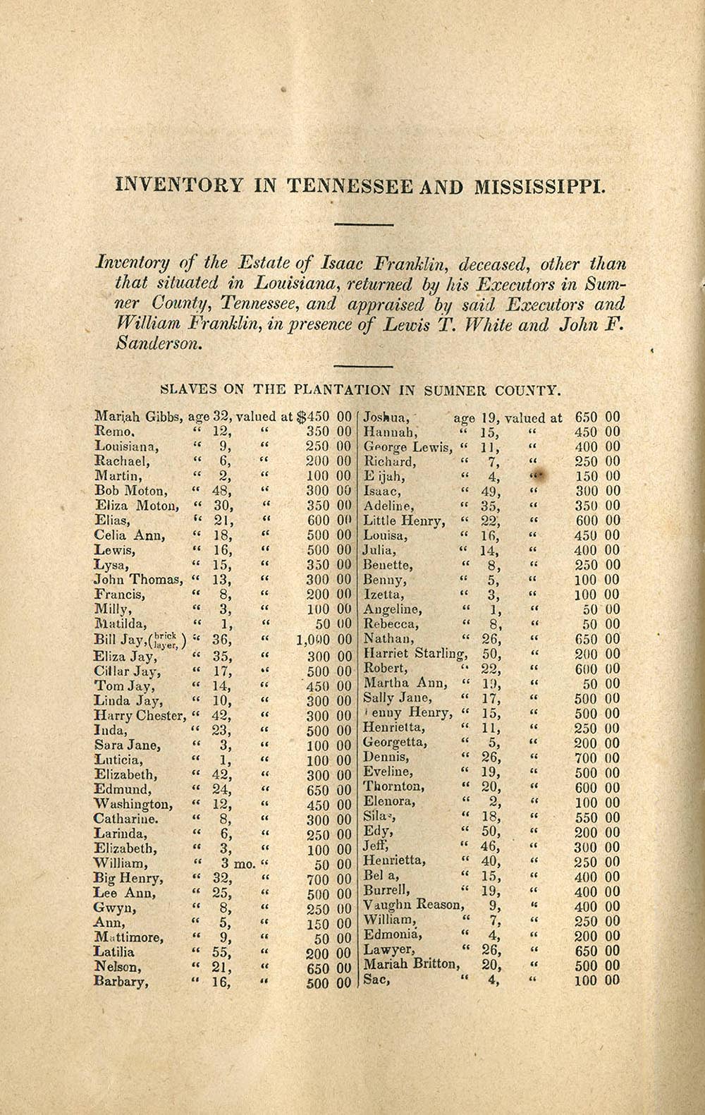 An inventory of Isaac Franklin’s slaves on his plantation, Fairvue