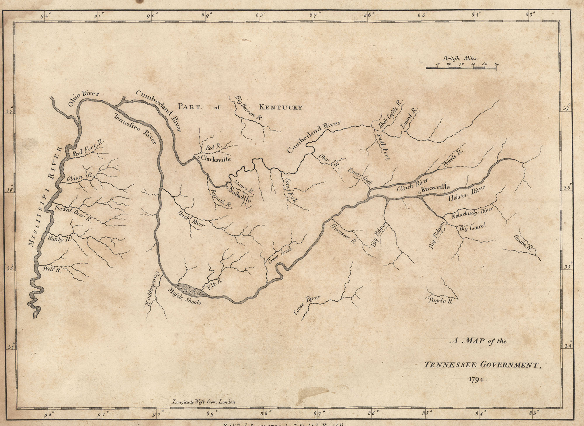 Early map showing the Mississippi, Tennessee, and Cumberland River systems
