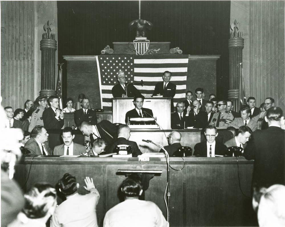 Elvis Presley addresses Governor Buford Ellington and the Tennessee General Assembly in March 1961.