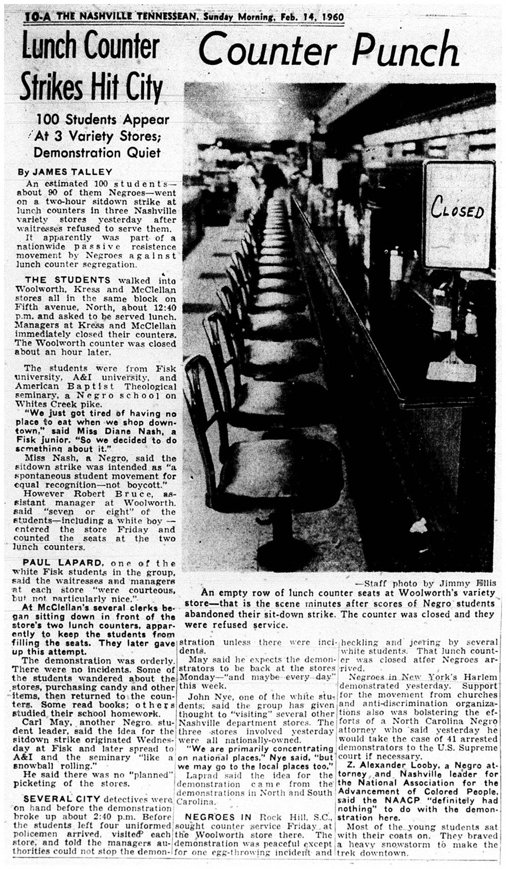 Newspaper coverage of Nashville’s lunch counter sit-ins, 1960