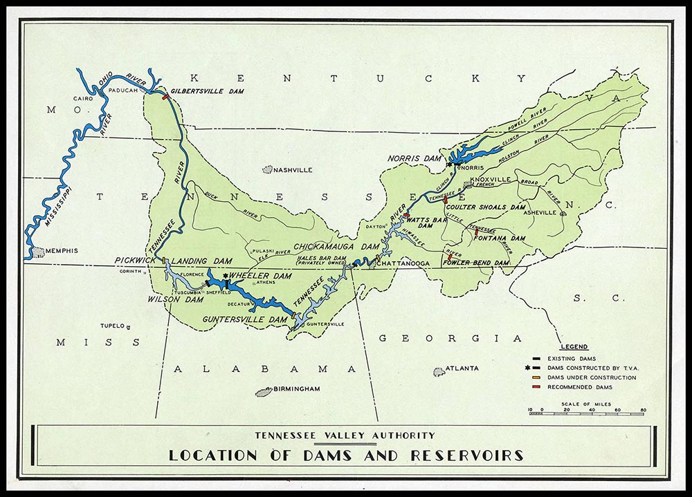 Map of the Tennessee Valley Authority’s (TVA) dams and reservoirs